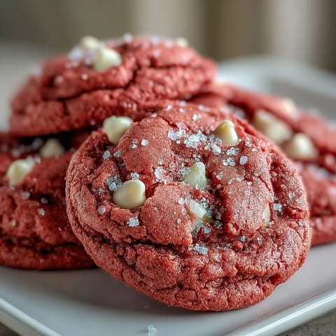 A close-up of soft, chewy pink velvet cookies with melty white chocolate chips, perfect for festive occasions.