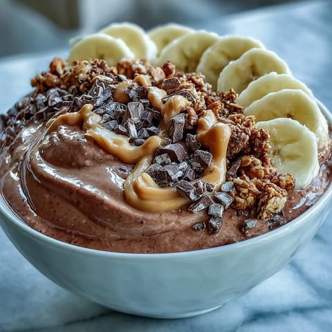 Gluten-free granola adds crunch to this thick, frosty chocolate peanut butter smoothie bowl, a protein-rich breakfast or snack.  