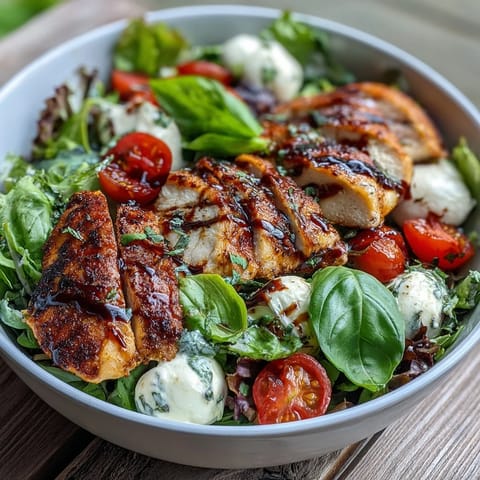 Tangy balsamic glaze drizzled over a Caprese Chicken Bowl with basil.