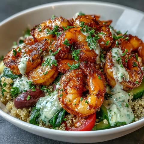 Close-up of a Mediterranean Shrimp Bowl featuring seared shrimp, colorful veggies, and a rich tahini drizzle on fluffy grains.