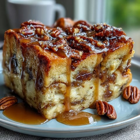 A spoon serves Guava Caramel Bread Pudding With Pecans alongside vanilla ice cream on a rustic table.