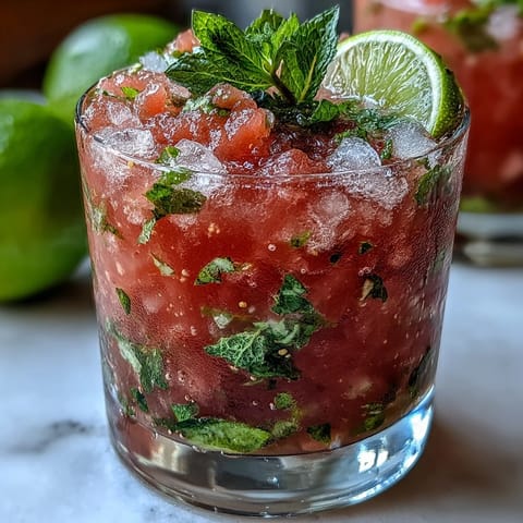 A refreshing Guava Mojito with crushed ice, pink guava nectar, and mint.