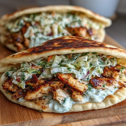 Flavor-Packed Chicken Pitas with Creamy Herby Ranch Slaw, filled with warm bread, tender chicken, and cool herby ranch for a satisfying bite.