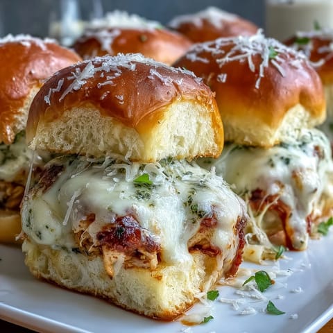Twelve Pesto Chicken Parmesan Sliders arranged on a platter with a small bowl of marinara sauce for dipping.