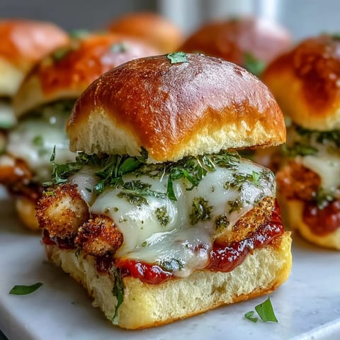 Golden-brown Pesto Chicken Parmesan Sliders on a platter, showcasing toasted brioche buns, melted mozzarella, and fresh parsley garnish.