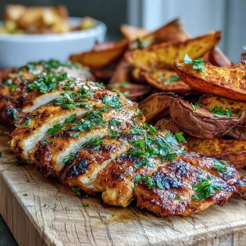 Golden-brown Honey Mustard Grilled Chicken with Roasted Sweet Potato Wedges garnished with fresh parsley on a rustic plate.