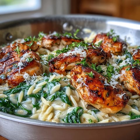 Fresh spinach is wilted into the One-Pot Lemon Garlic Chicken and Orzo with Spinach for a bright green finish.