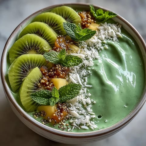 A colorful vegan tropical green smoothie bowl topped with fresh mango, chia seeds, and vibrant kiwi slices for a refreshing breakfast.  