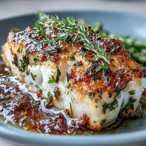 Flaky cod fillets seasoned with fresh lemon, garlic, and herbs, served alongside roasted asparagus and sweet cherry tomatoes for a Mediterranean-inspired meal.  