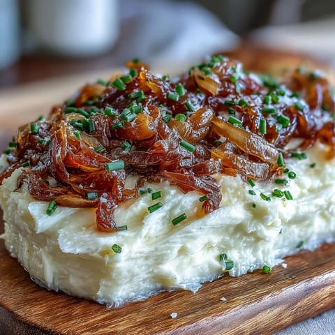 Creamy caramelized onion butter spread artfully on a wooden board, topped with golden onions and fresh herbs for a savory appetizer.