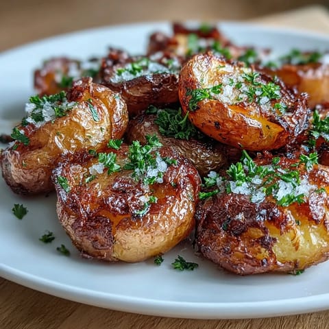 Smashed Garlic Potatoes with Crispy Oil, golden baby potatoes roasted until crispy and drizzled with fragrant garlic-infused olive oil.  