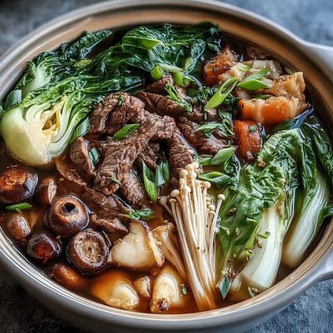 A steaming pot of Asian Hot Pot with fresh vegetables, tofu, and thinly sliced beef simmering in savory broth at the table. Guests gather around, cooking ingredients in a communal, interactive dining experience. Vibrant colors and enticing aromas fill the air as everyone customizes their own bowls.