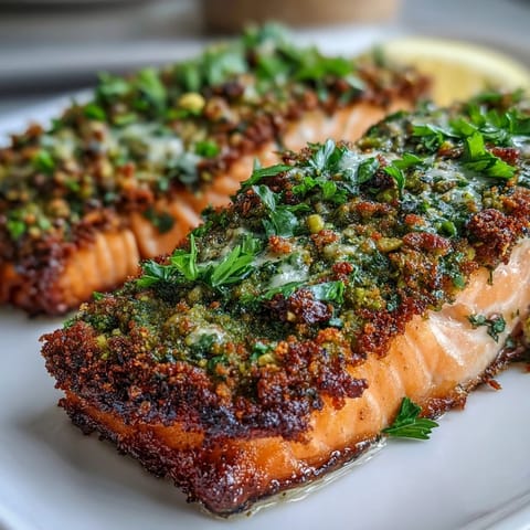 A golden pistachio crusted salmon filet with fresh herbs, pan-seared until crisp and served with lemon wedges.  