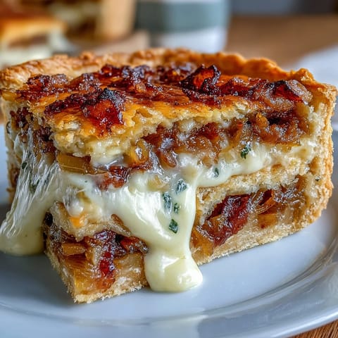 Savory quiche filled with smoky bacon, sweet caramelized onions, and creamy egg custard in a buttery crust.