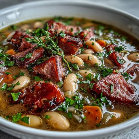 Hearty ham and creamy cannellini beans simmer with aromatic herbs and vegetables in this comforting soup.  
