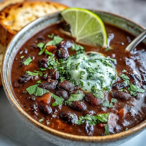 Smoky black bean and sweet potato soup with a zesty lime crema, garnished with fresh cilantro and jalapeño slices.  