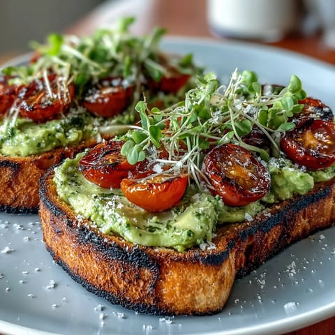 Creamy avocado pesto spread on rustic sourdough toast, topped with juicy cherry tomatoes and fresh microgreens for a vibrant, nourishing breakfast.