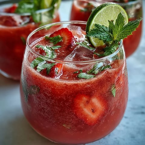 Vibrant strawberry watermelon daiquiri mocktail with fresh mint, lime, and ice, served in chilled glasses for a refreshing summer drink.