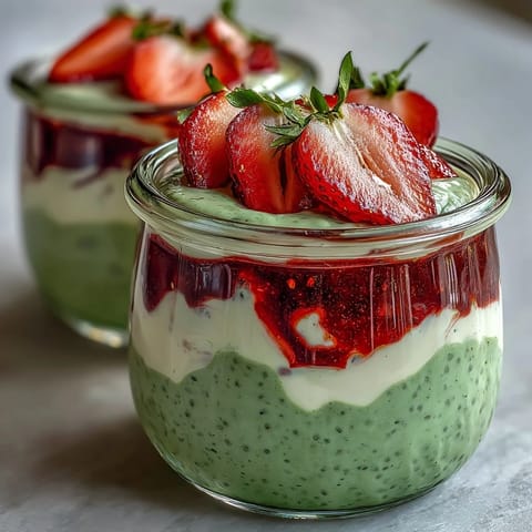 Vibrant strawberry matcha layered chia pudding jars with creamy chia base, fresh strawberry puree, and green tea matcha yogurt.