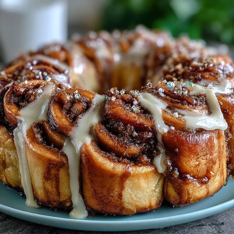 Golden cinnamon roll wreath shaped into a festive Mardi Gras King Cake, drizzled with icing and decorated with purple, green, and gold sugar.