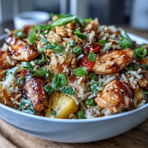 Sweet chili chicken pineapple fried rice with tender chicken, juicy pineapple, and vibrant vegetables in a zesty sauce.  