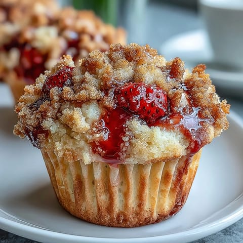 Fresh strawberry muffins with a golden crumble top and bright lemon zest, perfect for a morning treat.  