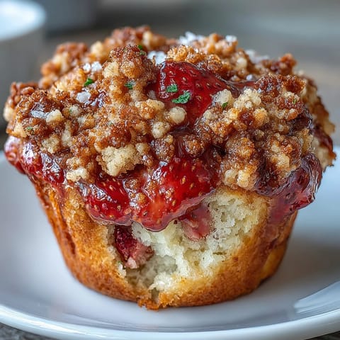 Buttery crumble-topped strawberry muffins infused with lemon zest, baked to golden perfection.  