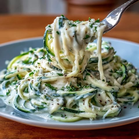 Creamy cottage cheese Alfredo sauce drizzled over fresh zucchini noodles, garnished with parsley and Parmesan.  