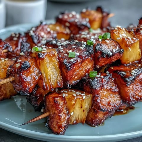 Tender chicken cubes and fresh pineapple threaded on skewers, air-fried until juicy and lightly charred for a tropical twist.  