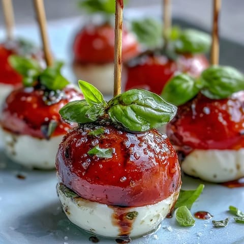 Bridal Shower Caprese Skewers with fresh mozzarella, cherry tomatoes, and basil on wooden picks, drizzled with olive oil and balsamic glaze.
