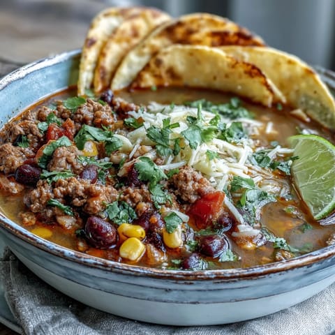 Warm bowl of Taco Soup brimming with tender beef, vibrant veggies, and zesty spices, served with crunchy tortilla chips.  