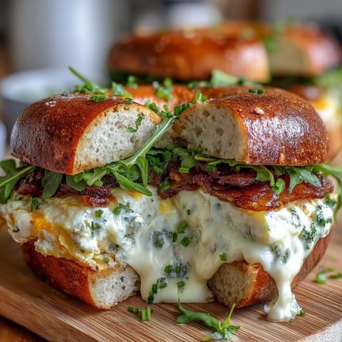 High-protein bagels stacked with fluffy baked eggs, melted cheddar, and spinach for a hearty, make-ahead breakfast sandwich.