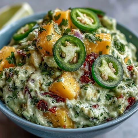 Vibrant guacamole with mango and jalapeño, perfect for Cinco de Mayo celebrations or game day snacking.