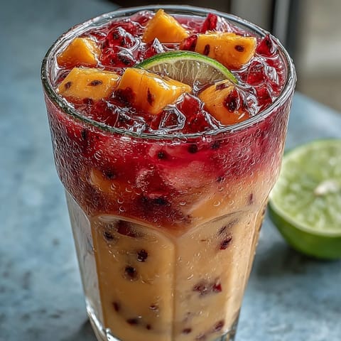 A vibrant mango dragonfruit refresher with frozen fruit and citrus, served over ice with fresh dragonfruit garnish.