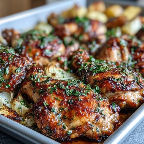 Herb-marinated chicken thighs roast alongside sweet potatoes and parsnips for a hearty, colorful sheet pan dinner.  