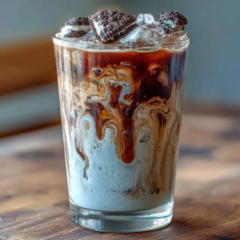 A creamy cookies-and-cream cold brew coffee topped with whipped cream and crushed chocolate cookies.