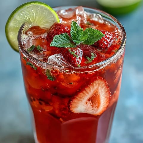Refreshing strawberry agua fresca served over ice with a sprig of mint.