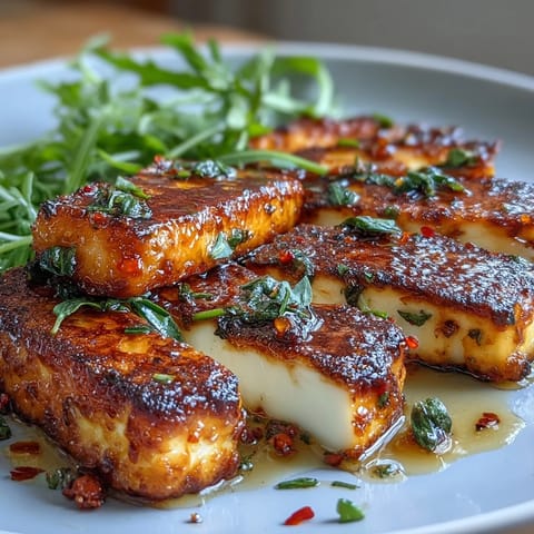 Golden-brown halloumi cheese with hot honey glaze, perfect appetizer with a kick of heat and sweetness.
