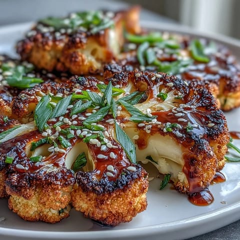 Golden-brown roasted cauliflower steaks drizzled with glossy teriyaki sauce, garnished with sesame seeds and scallions.