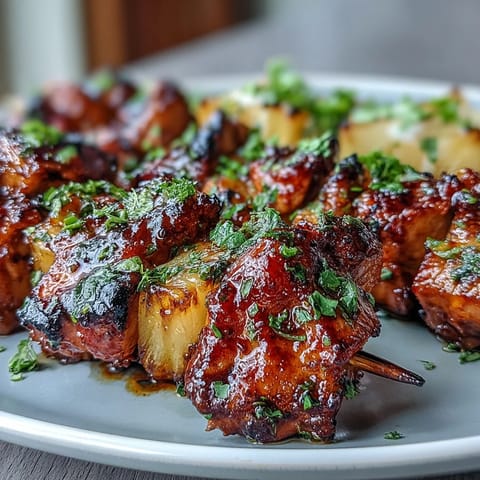 Juicy grilled chicken al pastor skewers with pineapple, fresh cilantro garnish.