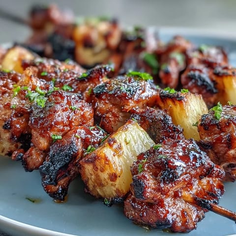 Golden brown chicken al pastor skewers with charred pineapple, ready to serve.