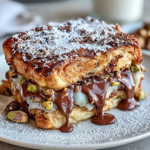 Baked Dubai Chocolate Pistachio Croissant French Toast dusted with powdered sugar, ready to eat.