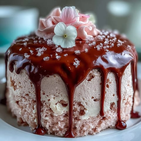 Elegant blush-pink rosé velvet cake with creamy frosting and shimmering gold drip, perfect for bridal showers.  