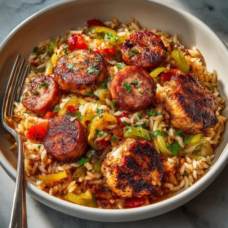 Spicy, aromatic One-Pot Cajun Chicken and Sausage Jambalaya; enjoy a taste of Louisiana tonight!