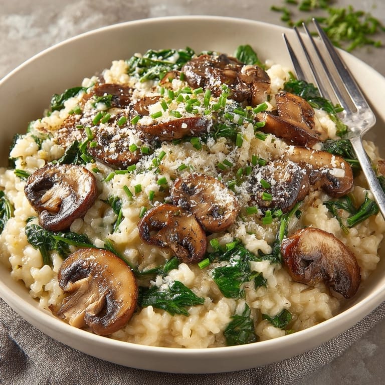 Elevated view of Creamy Mushroom and Spinach Risotto, glistening with parmesan and herbs.