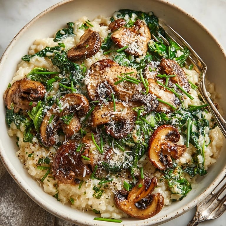 Spoonful of decadent Creamy Mushroom and Spinach Risotto shows rich texture; simple elegance.