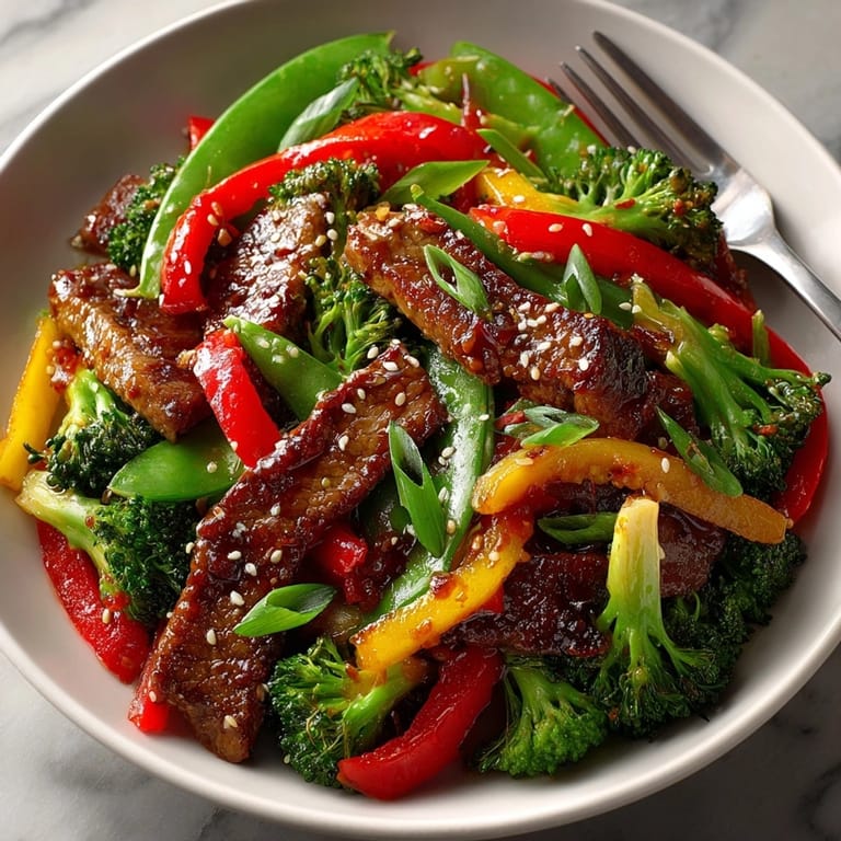 Close-up of a vibrant, homemade spicy beef and veggie stir-fry; perfect family meal.