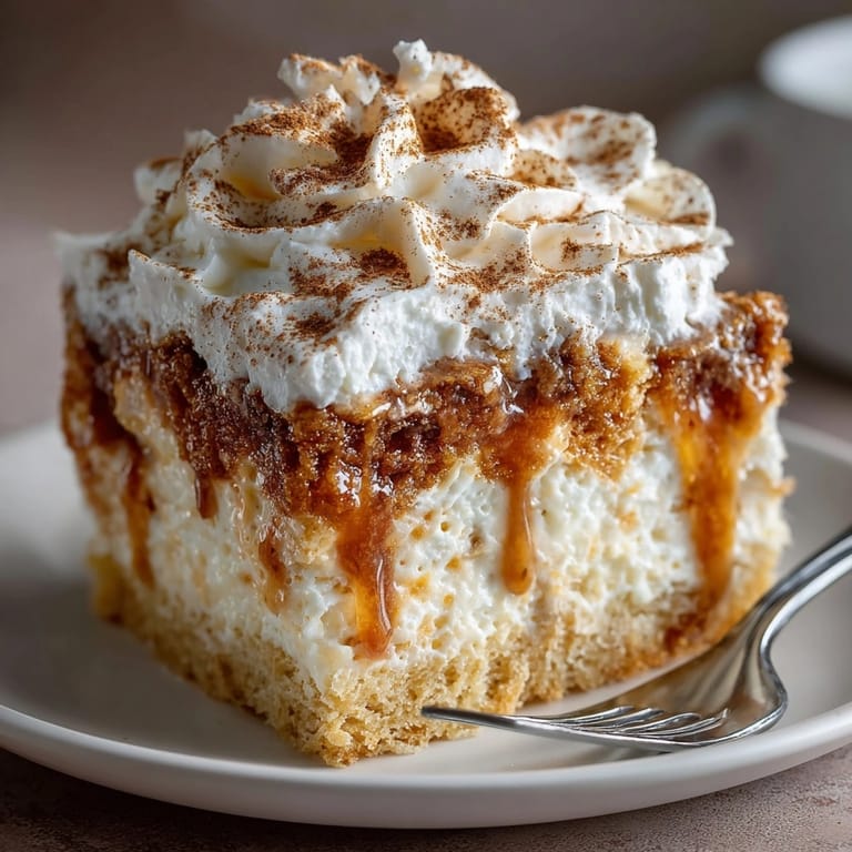 Moist Pumpkin Spice Tres Leches Cake soaking up its milky goodness, ready to serve.
