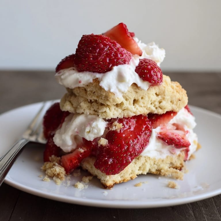 Golden brown Strawberry Shortcake biscuits layered high with macerated strawberries and fluffy whipped cream.