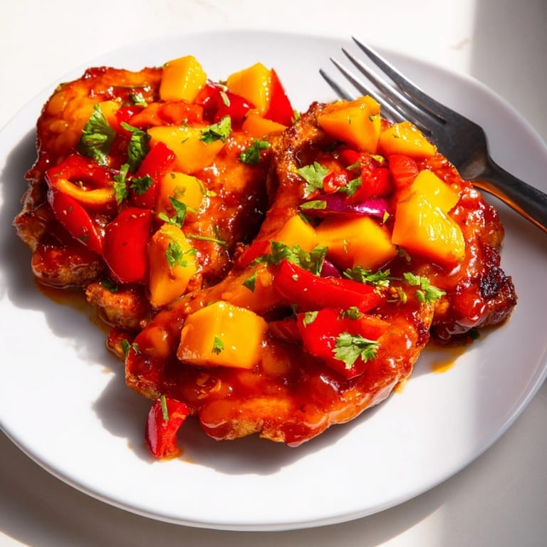 Juicy Mango BBQ Pork Chop Bake, browned top, fresh ingredients, baked in oven.